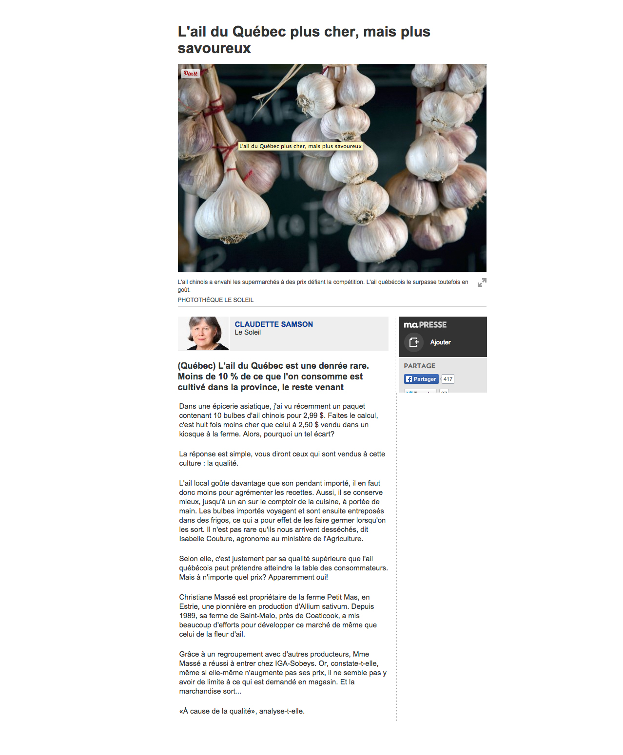 Le Petit Mas -They talk abour our garlic flowers (scapes) - La presse