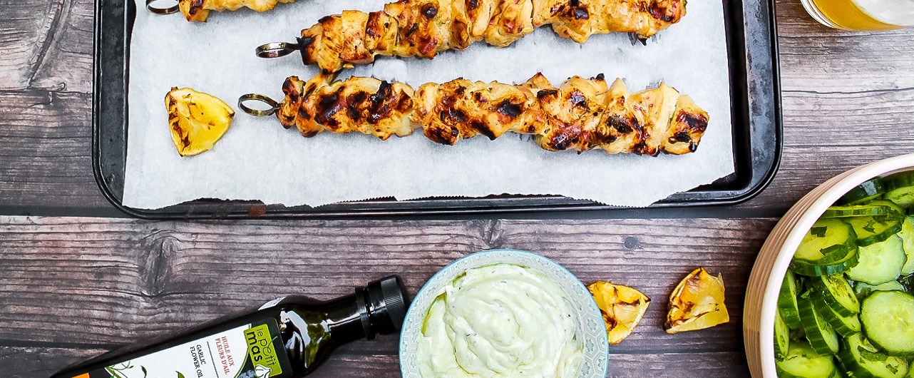Le Petit Mas garlic scape oil with chicken skewers