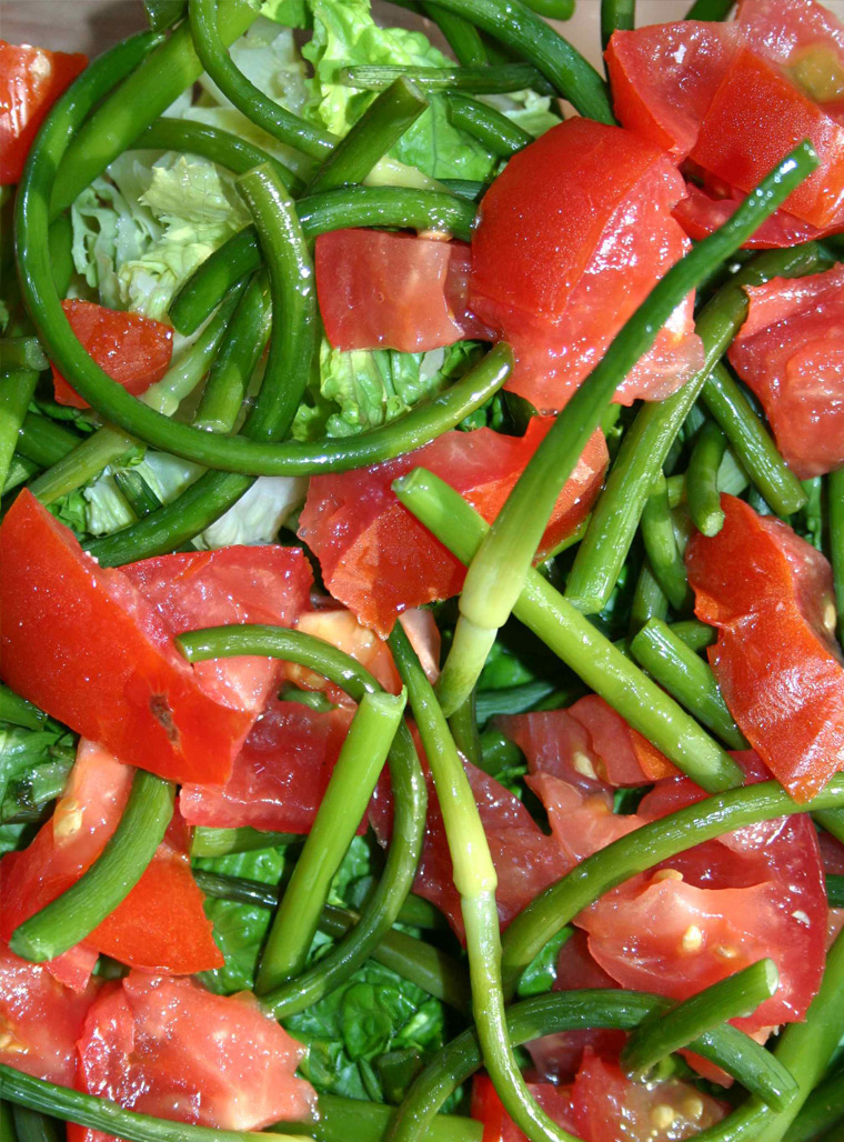 Recipe - Summer salad with tomatoes and fresh garlic scapes Spring pizza with shrimp asparagus cheese and garlic flowers - Recipes with fermented garlic scapes, garlic scapes and organic garlic – Le Petit Mas organic garlic and garlic scape farm in Quebec (Canada) 