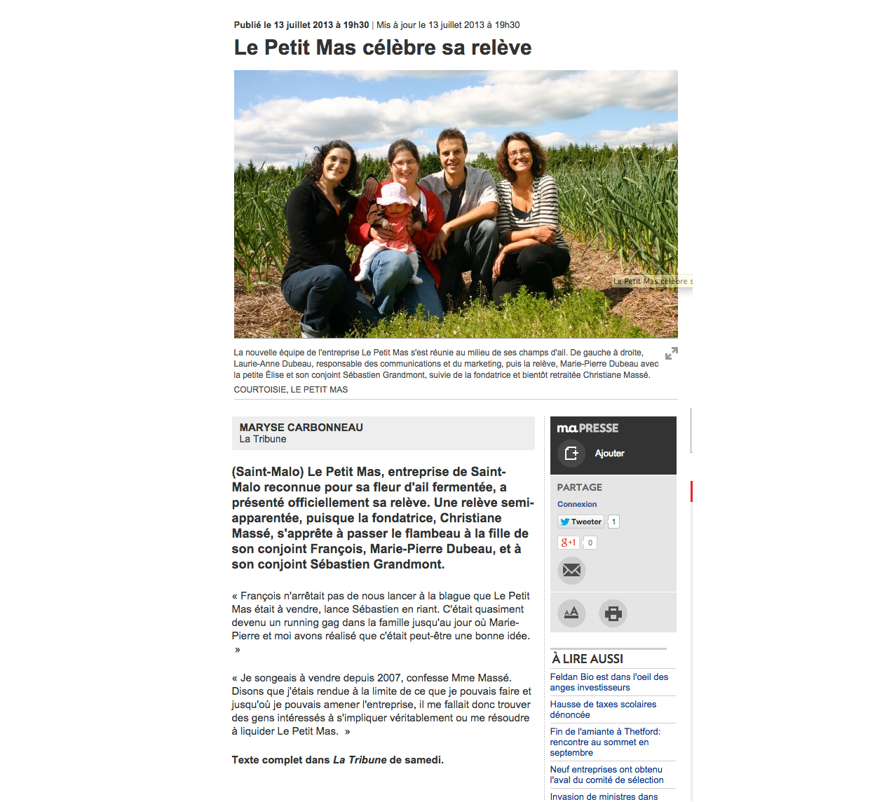 Le Petit Mas - Ils parlent de notre ail du Québec - La Tribune